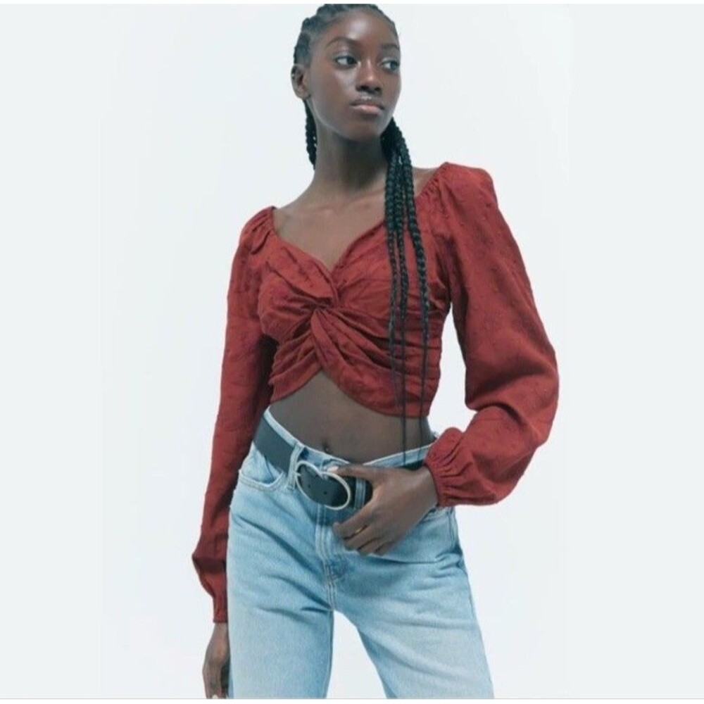 Urban Outfitters Essex Terra Cotta Twist Front Red Clay Top Embroidered V Neck M